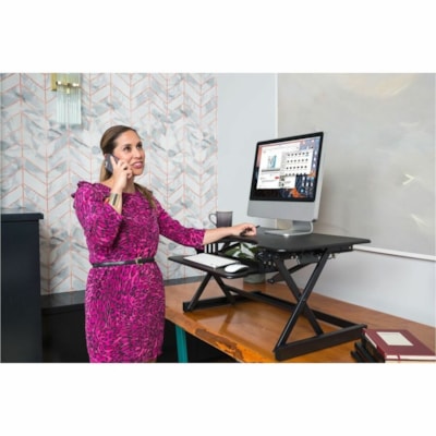 Rocelco ADR2 Adjustable Desk Riser with EVR - 35 lb (15875.73 g) Load Capacity - 2 Devices Supported - 16.70" (424.18 mm) Height x 32" (812.80 mm) Width x 23.60" (599.44 mm) Depth - Desk, Freestanding - Matte - Metal, Medium Density Fiberboard (MDF), Laminate - Black - For Monitor, Notebook, Keyboar esk Riser 