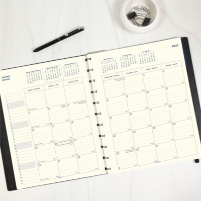 Filofax 17-Month Monthly Planner - Julian Dates - Monthly - 17 Month - August 2024 to December 2025 - 1 Month Double Page Layout - 8 1/2" (215.90 mm) x 10 7/8" (276.23 mm) Sheet Size - Cream Sheet - Twin Wire - Elastic - Leather - Black Cover - Elastic Closure, Pocket, Notes Area, Heavy Duty - 1 Eac MONTHLY 