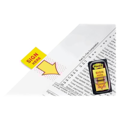 languette Post-it® - largeur de drapeau/note 1 po (25,40 mm) x longueur de drapeau/note 1 3/4 po (44,45 mm) - Flèche - SIGNEZ ICI - Jaune - Amovible, Autocollant - Distribluteur inclus - 1 / emballage LANGUETTES IMPRIMÉES  1X1 7PO TRANSP. & AMOVIBLES  50/DISTR.