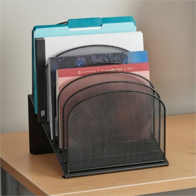 Safco Onyx Wire Mesh Desktop Organizer - 8 Compartment(s) - Compartment Size : 1" (25.40 mm) - 14" (355.60 mm) Height x 11.8" (298.45 mm) Width x 10.8" (273.05 mm) Depth - Desktop - Powder Coated - Black - Steel - 1 Each 8 TIERED SECTIONS EACH 1" WIDE 11 3/4"W X 10 3/4"D X 14"H