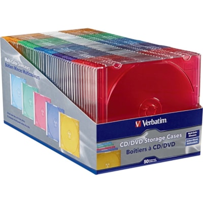 Verbatim CD/DVD Color Slim Jewel Cases, Assorted - 50pk - Jewel Case - Book Fold - Plastic - Blue, Green, Pink, Purple, Yellow - 1 CD/DVD 5 ASSORTED COLORS 50PK HOLDER