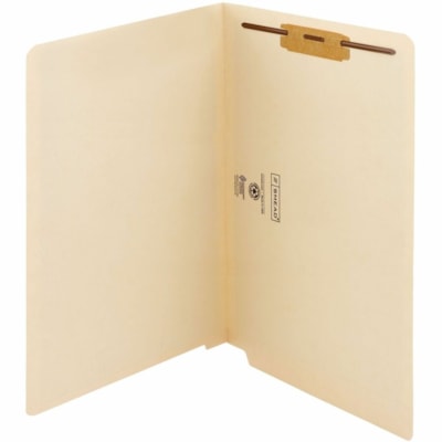 Smead Straight Tab Cut Legal Recycled Fastener Folder - 8 1/2" (215.90 mm) x 14" (355.60 mm) - 3/4" (19.05 mm) Expansion - 1 x 2B Fastener(s) - 2" (50.80 mm) for Folder - End Tab Location - 11 pt. (3.87 mm) - 2 Plys - Manila - Reinforced Tab, Embossed - 10% Recycled - 50 / Box SHELF-MASTER STRAIGHT-CUT TAB LEGAL SIZE/MANILA