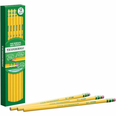 Ticonderoga Wood-Cased Pencils - Black Lead - 2HB - Yellow Barrel - 12 / Box UNSHARPENED 
