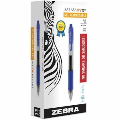 Zebra SARASA dry X20 Retractable Gel Pen - 1 mm (0.04") Bold Pen Point - Refillable - Retractable - Blue Ink - Transparent Barrel - 1 Dozen 1.0MM 