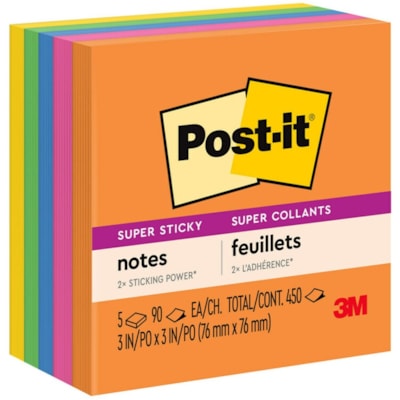 Post-it® Super Sticky Notes - Energy Boost Color Collection - 450 - 3" (76.20 mm) Flag/Note Width x 3" (76.20 mm) Flag/Note Length - Square - 90 Sheets per Pad - Unruled - Vital Orange, Tropical Pink, Sunnyside, Blue Paradise, Limeade - Paper - Self-adhesive - 5 / Pack ENERGY BOOST COLOUR COLLECTN 