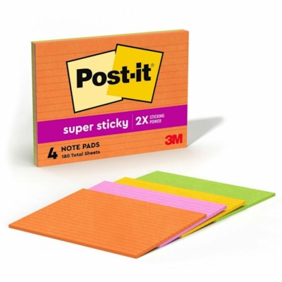 Post-it® Super Sticky Lined Meeting Notepads - 180 - 6" (152.40 mm) Flag/Note Width x 8" (203.20 mm) Flag/Note Length - Rectangle - 45 Sheets per Pad - Ruled - Vital Orange, Tropical Pink, Sunnyside, Limeade - Paper - Self-adhesive - 4 / Pack LINED ENERGY BOOST COLOUR COLLECTION 4 PADS/PACK