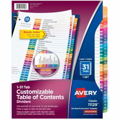 Avery® Ready Index® Table of Content Dividers for Laser and Inkjet Printers, 1-31 - 31 x Divider(s) - 31 Printed Tab(s) - Digit - 1-31 - 31 Tab(s)/Set - 8.50" (215.90 mm) Divider Width x 11" (279.40 mm) Divider Length - Letter - 8.50" (215.90 mm) Width x 11" (279.40 mm) Length - 3 Hole Punch LASER/INK JET  MULTI-COLOUR 1-31  1 SET/PKG
