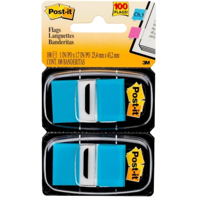 Post-it® Flags - 100 x Bright Blue - 1" (25.40 mm) Flag/Note Width x 1 3/4" (44.45 mm) Flag/Note Length - Rectangle - Blue - Removable, Self-adhesive - Dispenser Included - 100 / Pack 50/DISPENSER 