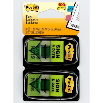 languette Post-it® - largeur de drapeau/note 1 po (25,40 mm) x longueur de drapeau/note 1 3/4 po (44,45 mm) - Flèche, Rectangulaires - Non ligné - Signature et date - Vert - Amovible, Autocollant - Distribluteur inclus - 100 / emballage BRIGHT GREEN 'SIGN & DATE' 