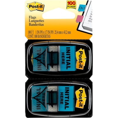 languette Post-it® - 100 - largeur de drapeau/note 1 po (25,40 mm) x longueur de drapeau/note 1 3/4 po (44,45 mm) - Flèche, Rectangulaires - Non ligné - Initiale ici - Bleu - Amovible, Autocollant - Distribluteur inclus - 100 / emballage  