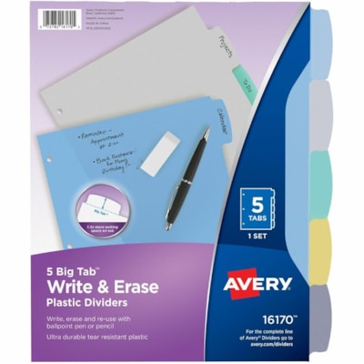 Avery® Big Tab(tm) Write & Erase Plastic Dividers, 5 tabs, 1 set - 5 x Divider(s) - 5 Write-on Tab(s) - 5 Tab(s)/Set - 8.50" (215.90 mm) Divider Width x 11" (279.40 mm) Divider Length - Letter - 8.50" (215.90 mm) Width x 11" (279.40 mm) Length - 3 Hole Punched - Multicolor Plastic Divider - M REFERENCE DIVIDERS 1 SET/PKG 