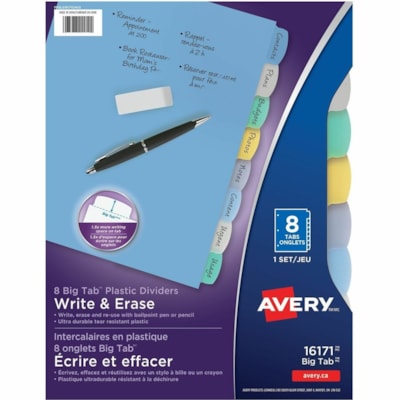 Avery® Big Tab(tm) Write & Erase Plastic Dividers, 8 tabs, 1 set - 8 x Divider(s) - Write-on Tab(s) - 8 - 8 Tab(s)/Set - 8.50" (215.90 mm) Divider Width x 11" (279.40 mm) Divider Length - 3 Hole Punched - Multicolor Plastic Divider - Multicolor Plastic Tab(s) - 8 / Set REFERENCE DIVIDERS 1 SET/PKG 