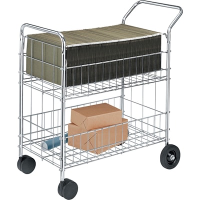 Fellowes Wire Mail Cart - 200 lb (90718.47 g) Capacity - 4 Casters - 6" (152.40 mm), 4" (101.60 mm) Caster Size - Steel - 21.5" (546.10 mm) Width x 37.5" (952.50 mm) Depth x 39.5" (1003.30 mm) Height - Chrome - 1 Each HOLDS LETTER OR LEGAL FILES 18WX38 1/5"DX39-1/4H