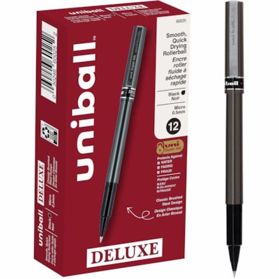 uniball(tm) Deluxe Rollerball Pens - 0.5 mm (0.02") Micro Pen Point - Black Ink - Gray Barrel - 1 Dozen DELUXE .2MM LINE HIGH FIDELITY INK DISPOSABLE SANFORD
