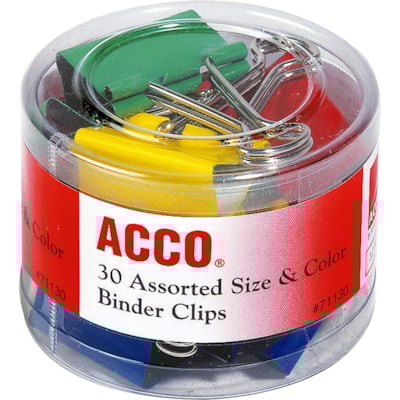 ACCO Assorted Size Binder Clips - Reusable, Rust Resistant, Scratch Resistant - Assorted - Plastic, Tempered Steel - 30 / Pack ASSORTED SIZES AND COLOUR 
