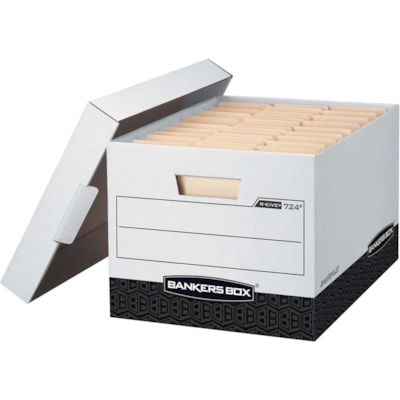Bankers Box R-Kive File Storage Box - Internal Dimensions: 12" (304.80 mm) Width x 15" (381 mm) Depth x 10" (254 mm) Height - External Dimensions: 12.8" (323.85 mm) Width x 16.5" (419.10 mm) Depth x 10.4" (263.65 mm) Height - Media Size Supported: Letter, Legal - Lift-off Closure - Heavy Duty - Stac WHITE/BLACK LIFT OFF LID FAST FOLD DESIGN