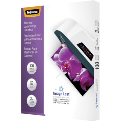 Fellowes - Pochette de plastification à chaud - Sheet Size Supported : format lettre largeur de 9 po (228,60 mm) x longueur de 11,50 po (292,10 mm) - Taille de pochettes de plastification/feuilles de lamination : largeur de 9 po (228,60 mm) x épaisseur de 3 mil (0,08 mm) - Brillant - Typ FORMAT LETTRE  9 X 11 1/2 PO FLÈCHES DIRECT.  EMB. DE 100