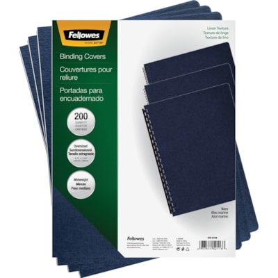 Fellowes Expressions Oversize Linen Presentation Covers - 11.3" (285.8 mm) Height x 8.8" (222.3 mm) Width x 0.1" (1.5 mm) Depth - For Letter 8 1/2" (215.90 mm) x 11" (279.40 mm) Sheet - Navy - Linen - 200 / Pack OVERSIZED LETTER NAVY; 200 PACK