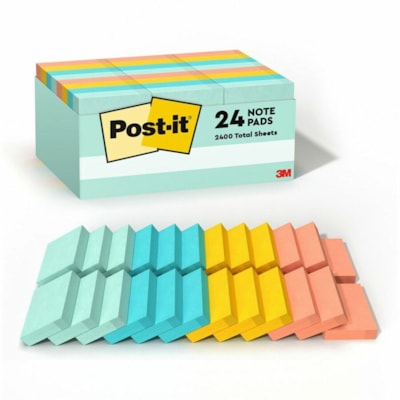 Post-it® Notes Value Pack - Beachside Café Color Collection - 2400 - 1 1/2" (38.10 mm) Flag/Note Width x 2" (50.80 mm) Flag/Note Length - Rectangle - Unruled - Fresh Mint, Aqua Splash, Sunnyside, Papaya Fizz - Paper - Self-adhesive, Repositionable - 24 / Pack 100 SHEETS/PAD BEACHSIDE CAFé 