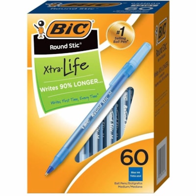 BIC Round Stic Ballpoint Pens - Medium Pen Point - Blue Ink - Blue Barrel - 60 / Box BULK BOX 60 PENS PER PK 