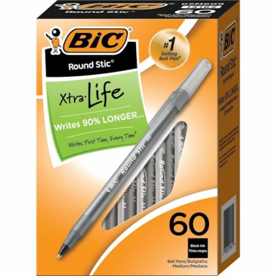 BIC Round Stic Ballpoint Pens - Medium Pen Point - Black Ink - Black Barrel - Brass Tip - 60 / Box BULK BOX 60 PENS PER PK 