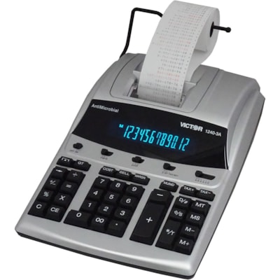 Victor 12403A Professional Calculator - Dual Color Print - Dot Matrix - 4.3 lps - Big Display, Independent Memory - 12 Digits - Fluorescent - AC Supply/Power Adapter Powered - 3.3" (82.55 mm) Height x 9" (228.60 mm) Width x 12.8" (323.85 mm) Length - White - 1 Each ANTIMICROBIAL KEYS/UPPER SHELL 