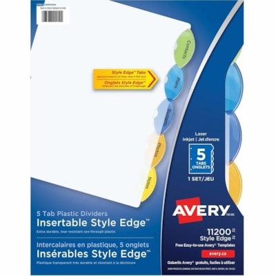 Avery® - Diviseurs en plastique Edge(tm) à onglet insérable, 5 onglets, 1 jeu - 5 x Intercalaire(s) - 5 Onglet(s) - 5 - 5 Onglet(s)/Ensemble - largeur de l'intercalaire 8,50 po (215,90 mm) x longueur de l'intercalaire 11 po (279,40 mm) - 3 TrouPerforé - Divider Translucide  PLASTIQUE DURABLE  5 ONGLET SANS PVC  MULTICOULEUR