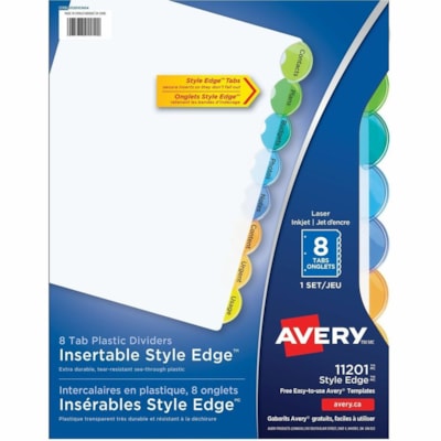 Avery® Insertable Style Edge(tm) Plastic Dividers, 8 tabs, 1 set - 8 x Divider(s) - 8 - 8 Tab(s)/Set - 8.50" (215.90 mm) Divider Width x 11" (279.40 mm) Divider Length - 3 Hole Punched - Translucent Plastic Divider - Multicolor Plastic Tab(s) - Customizable, Hole-punched, Insertable, Sturdy,  DIVIDERS 8-TAB ASSRT COLOURS 1 SET/PKG  SFI CERTIFIED