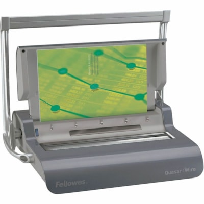 Fellowes Quasar(tm) Manual Wire Binding Machine w/ Starter Kit - WireBind - 130 Sheet(s) Bind - 15 Punch - 5.13" (130.30 mm) Height x 18.13" (460.50 mm) Width x 15.38" (390.65 mm) Depth - Metallic Silver 24"/MIN THRU SPED.60SEC WARMUP HOT & COLD. POUCH STARTER KIT
