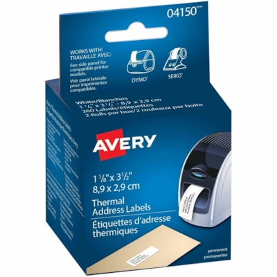 Avery® - Étiquettes thermiques en rouleau - hauteur de 3 1/2 po (88,90 mm) x largeur de 1 1/8 po (28,58 mm) - Permanent Adhésif - Rectangulaires - Thermique directe - Blanc - Papier - Étanche - 130 / Rouleau - 2 Total de feuilles - 260 Total d'étiquette(s) - 260 / boîte PERMANENTES  BLANCHES  ROULEUX 3-1/2"X1-1/8"  260 éTQ./BOîTE