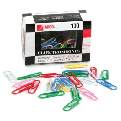 Acco Vinyl Coated Colour Paper Clip - #1, Standard - Standard - No. 1 - 1.18" (29.97 mm) Length - Assorted - 100 / Box 100/BX  ASSORTED COLOURS 