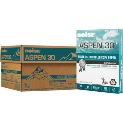 Aspen - Papier recyclé 054901-P - 92 Luminosité - format lettre - 8 1/2 po (215,90 mm) x 11 po (279,40 mm) - 20 lb (9071,85 g) Poids de Base - Lisse - Sans bourrage, Sans acide - Blanc - 5000 / Carton RECYCLÉ 30% POST-CONSOM. 20LB BRILLANCE 92  500/PQT  3 TROUS