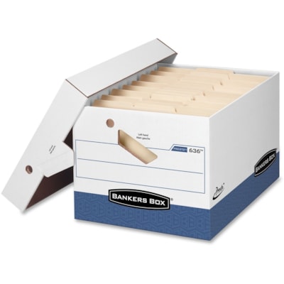Bankers Box - Boîte d'entreposage Presto(tm) - Internal Dimensions : largeur de compartiment 12 po (304,80 mm) x profondeur de compartiment 15 po (381 mm) x hauteur de compartiment 10 po (254 mm) - External Dimensions : largeur de 12,9 po (327,15 mm) x profondeur de 16,5 po (419,10 mm) x hauteur  LETTRE/LÉGAL  ASSEMBL. RAPIDE MAT. POST. 50 %  60 % RECYC.