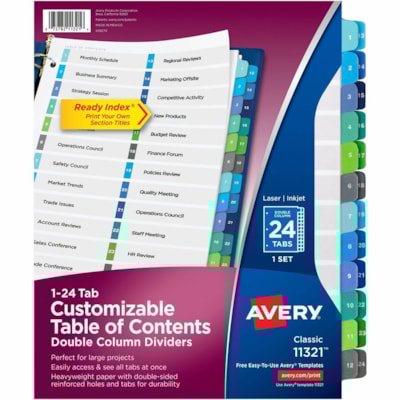 Avery® Ready Index® Double Column Table of Content Dividers, 24 tabs - 24 x Divider(s) - 1-24 - 24 Tab(s)/Set - 8.50" (215.90 mm) Divider Width x 11" (279.40 mm) Divider Length - 3 Hole Punched - White Paper Divider - Multicolor Paper Tab(s) - 20% Recycled - 24 / Set DIVIDERS  MULTI-COLOURED 24TAB 1 SET/PKG 30% PCW