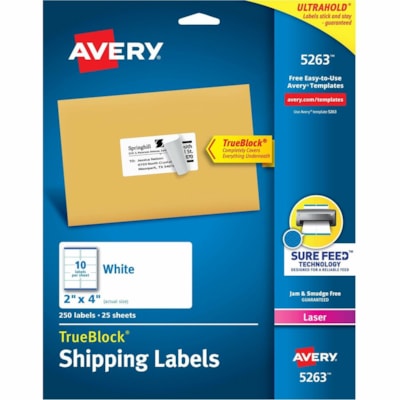 Avery® Shipping Labels, Sure Feed®, 2" x 4" , 250 Labels (5263) - 2" (50.80 mm) Width x 4" (101.60 mm) Length - Permanent Adhesive - Rectangle - Laser - White - Paper - 10 / Sheet - 25 Total Sheets - 250 Total Label(s) - Permanent Adhesive, Jam Resistant, Customizable - 250 / Pack PERMANENT  WHITE  SHEET LASER  4" X 2"  250 LBLS/PKG