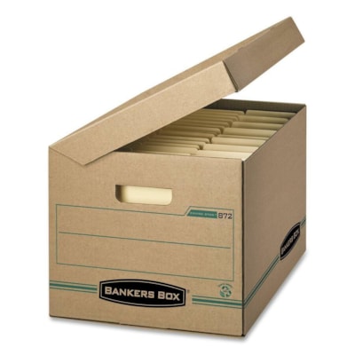 Bankers Box Flip-Top Attached Lid File Box - External Dimensions: 12" (304.80 mm) Width x 15" (381 mm) Depth x 10" (254 mm) Height - Media Size Supported: Letter, Legal - Flip Top Closure - Medium Duty - Stackable - Kraft - Kraft - Recycled - 1 Each BROWN EXTERIOR  100%RECYCLED ATTACHED LID FELLOWES