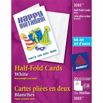 Avery® Half-Fold Greeting Cards for Inkjet Printers, 5½" x 8½" - 97 Brightness - 5 1/2" (139.70 mm) x 8 1/2" (215.90 mm) - Matte - Heavyweight, Printable, Hassle-free, Jam-free, Smudge-free - White - 20 / Pack PERSONAL CREATION.DESIGN & PTG YOUR OWN 20/5 1/2X8 1/2 & ENV.