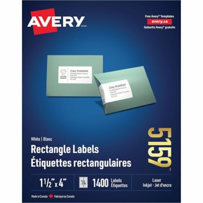 Avery® White Rectangle Labels 1½" x 4" , for Laser and Inkjet Printers - 4" (101.60 mm) Width x 1 1/2" (38.10 mm) Length - Rectangle - Laser - Smudge Resistant, Jam-free - 1400 / Box 14/SHEET PERMANENT ADHESIVE AVERY 100 SHEETS/BX 1400/BX