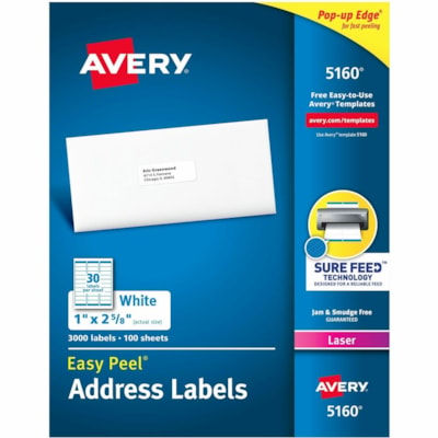 Avery Mailing Label 05160 Easy Peel - 1" Width x 2 5/8" Length - 3000 / Box - 30/Sheet - Laser - White 30/SHEET PERMANENT ADHESIVE AVERY 100 SHEETS/BX 3000/BX