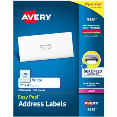 Avery® White Rectangle Labels with Sure Feed(tm) Technology,Easy Peel®, 1" x 4" , for Laser and Inkjet Printers - 1" (25.40 mm) Height x 4" (101.60 mm) Width - Permanent Adhesive - Rectangle - Laser - Matte - White - Paper - Permanent Adhesive, Peel & Stick, Smudge-free, Stick & Stay, Jam 20/SHEET PERMANENT ADHESIVE AVERY 100 SHEETS/BX 2000/BX