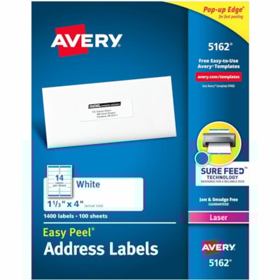 Avery® White Rectangle Labels with Sure Feed(tm) Technology,Easy Peel®, 1-1/3" x 4" , for Laser and Inkjet Printers - 1 21/64" (33.78 mm) Width x 4" (101.60 mm) Length - Permanent Adhesive - Rectangle - Laser - Matte - White - Paper - 14 / Sheet - 100 Total Sheets - 1400 Total Label(s) -  14/SHEET PERMANENT ADHESIVE AVERY 100 SHEETS/BX 1400/BX