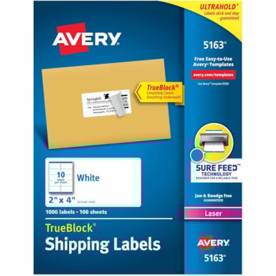 Avery® White Rectangle Labels with Sure Feed(tm) Technology,TrueBlock®, 2" x 4" , for Laser and Inkjet Printers - 2" (50.80 mm) Height x 4" (101.60 mm) Width - Permanent Adhesive - Rectangle - Laser - Matte - White - Paper - Permanent Adhesive, Jam Resistant, Smudge Resistant, Smudge-free 10 PER SHEET AVERY 1000 LABELS/BX