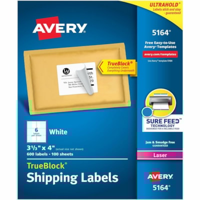 Avery® White Rectangle Labels with Sure Feed(tm) Technology,TrueBlock®, 3-1/3" x 4" , for Laser and Inkjet Printers - 3 1/3" (84.66 mm) Height x 4" (101.60 mm) Width - Permanent Adhesive - Rectangle - Laser - Matte - White - Paper - Permanent Adhesive, Jam Resistant, Smudge Resistant - 6  6/SHEET PERMANENT ADHESIVE AVERY 100 SHEETS/BX