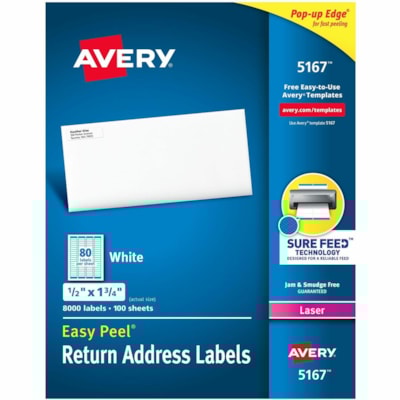 Avery® White Rectangle Labels with Sure Feed(tm) Technology,Easy Peel®, 1/2" x 1-3/4" , for Laser and Inkjet Printers - 1/2" (12.70 mm) Height x 1 3/4" (44.45 mm) Width - Permanent Adhesive - Rectangle - Laser - Matte - White - Paper - Permanent Adhesive, Peel & Stick, Smudge-free, Jam Re AVERY 100 SHEETS/PACK 3-8000 PER BX