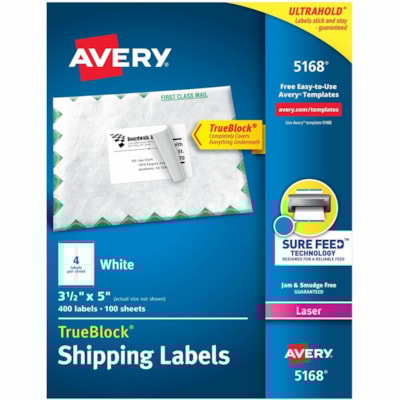 Avery® White Rectangle Labels with Sure Feed(tm) TechnologyTrueBlock® 3-1/2" x 5" , for Laser and Inkjet Printers - 3 1/2" (88.90 mm) Height x 5" (127 mm) Width - Permanent Adhesive - Rectangle - Laser - Matte - White - Paper - Permanent Adhesive, Jam Resistant, Curl Resistant, Smudge Res 5X3-1/2 4/SHT 400/BOX 