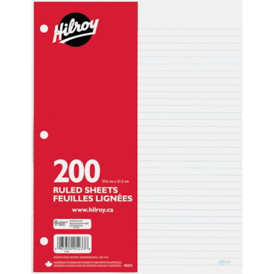 Hilroy 7mm Ruled With Margin Filler Paper - 200 Sheets - 3-ring Binding - 15 lb (6803.89 g) Basis Weight - 10 7/8" (276.10 mm) x 8 3/8" (212.60 mm) Sheet Size - White Paper - Hole-punched, Heavyweight, Tear Resistant - 200 / Pack LINED 3HOLES 16LB STOCK HILROY 200/PK WHT PAPER