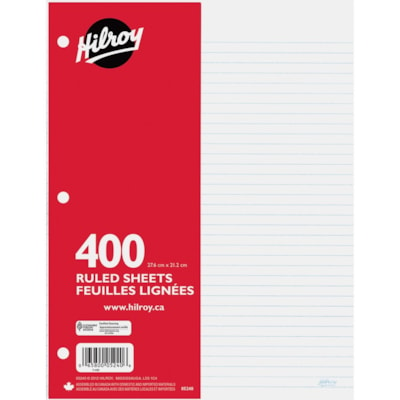 Hilroy 7mm Ruled With Margin Filler Paper - 400 Sheets - 3-ring Binding - 24 lb (10886.22 g) Basis Weight - 10 7/8" (276.10 mm) x 8 3/8" (212.60 mm) Sheet Size - White Paper - Hole-punched, Heavyweight, Tear Resistant - 400 / Pack LINED 3HOLES 16LB STOCK RULE PAPER