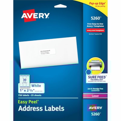 Avery - Étiquettes rectangulaires blanches avec technologie Sure Feed - hauteur de 1 po (25,40 mm) x largeur de 2 5/8 po (66,68 mm) - Permanent Adhésif - Rectangulaires - Laser - Mate - Blanc - Papier - Adhésif permanent, Peler et coller, Anti-bavure, Collent et restent, Décolla 25 FEUIL/PQT  30 ÉTIQ/FEUIL 750/PQT  AVERY
