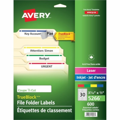 Avery® Filing Labels with TrueBlock(tm) Technology for Laser and Inkjet Printers, ?" x 3-7/16" , Assorted Colours, 600/pk - 2/3" (16.92 mm) Height x 3 7/16" (87.31 mm) Width - Permanent Adhesive - Rectangle - Laser, Inkjet - Assorted, Blue, Red, Yellow, Green, White - Paper - 30 / Sheet - 25  ASSORTED COLOUR BAR 30LBL/SHEET AVERY 20 SHEETS/PK