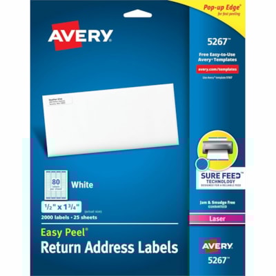 Avery® White Rectangle Labels with Sure Feed(tm) Technology,Easy Peel®, 1/2" x 1-3/4" , for Laser and Inkjet Printers - 1/2" (12.70 mm) Height x 1 3/4" (44.45 mm) Width - Permanent Adhesive - Rectangle - Laser - Matte - White - Paper - 80 / Sheet - 25 Total Sheets - 2000 Total Label(s) -  1-3/4X1/2 80/SHEET AVERY 25 SHEETS/PK 2000 PER/PK